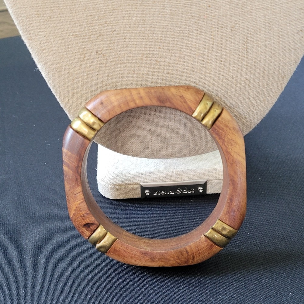 Vintage Hand Carved Wood Brass Segment Bangle Bracelet 1970s Boho